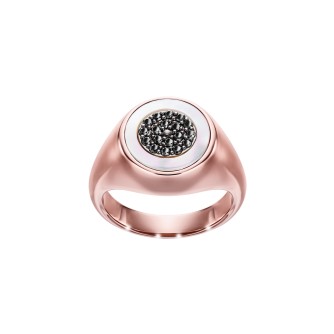 Rose Gold Signet Ring With Black Diamonds And Mother Of Pearl
