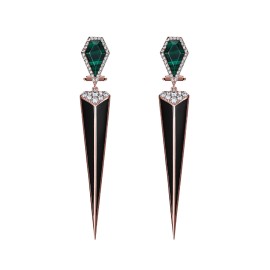 Rose Gold Earrings With Diamonds, Malachite And Enamel
