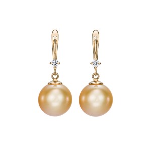 Yellow Gold Earrings With Diamonds And Golden South Sea Pearls