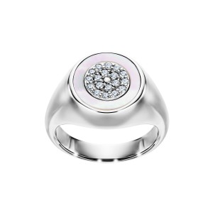 White Gold Signet Ring With Diamonds And Mother Of Pearl