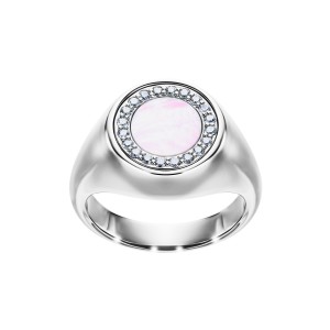 White Gold Signet Ring With Diamonds And Mother of Pearl