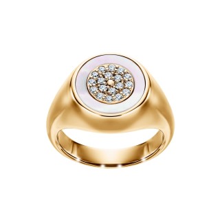 Yellow Gold Signet Ring With Diamonds And Mother Of Pearl